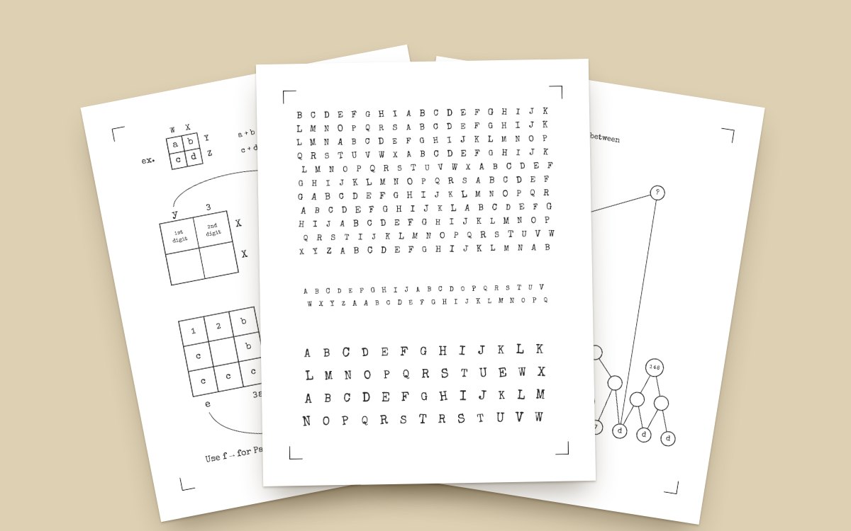 Three typed puzzle sheets fanned out on a manila envelope