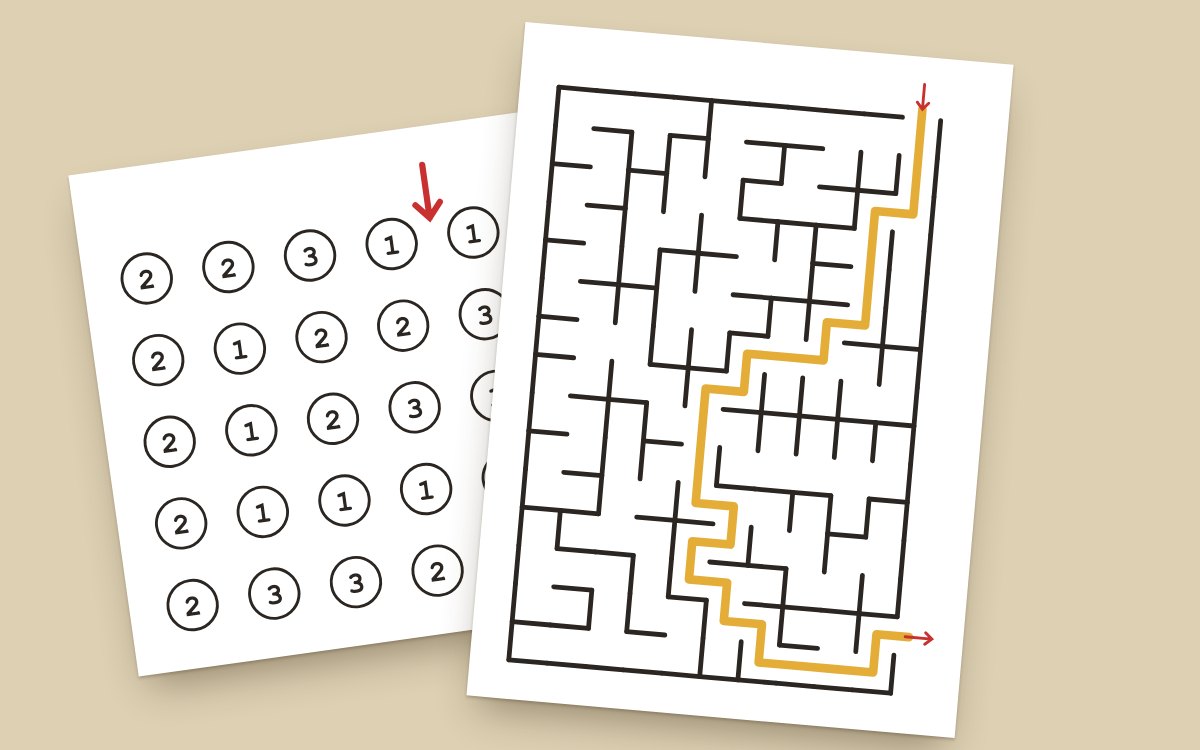 A sheet of numbered circles beside a finished maze with its route drawn through
